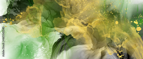 Luxury green, black, gold background marble liquid ink art. Vector illustration.