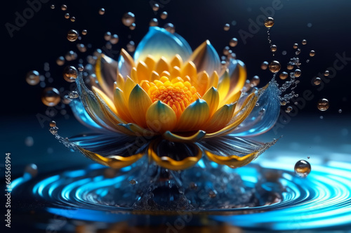 A beautiful flower in the water, splashing. Macro shooting. AI