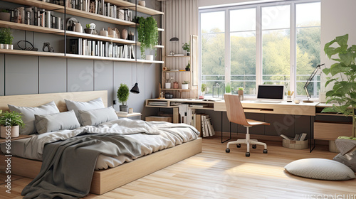 Cozy interior millennial teenage room with bed, laptop and desk © Ziyan Yang