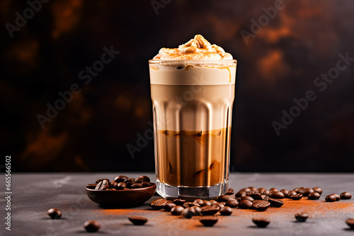Modern Dalgona coffee on dark  background , generative ai. photo