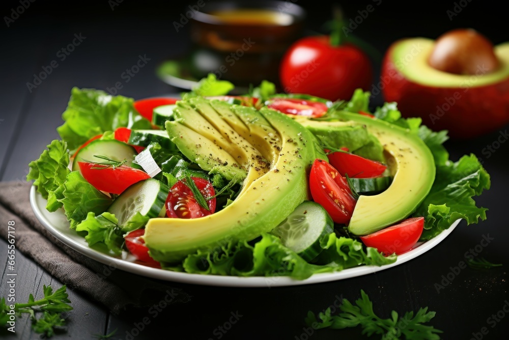 Tasty salad in fresh avocado on table. Dish raw cooking fresh food. Generate Ai Tasty salad in fresh avocado on table. Dish raw cooking fresh food. Generate Ai