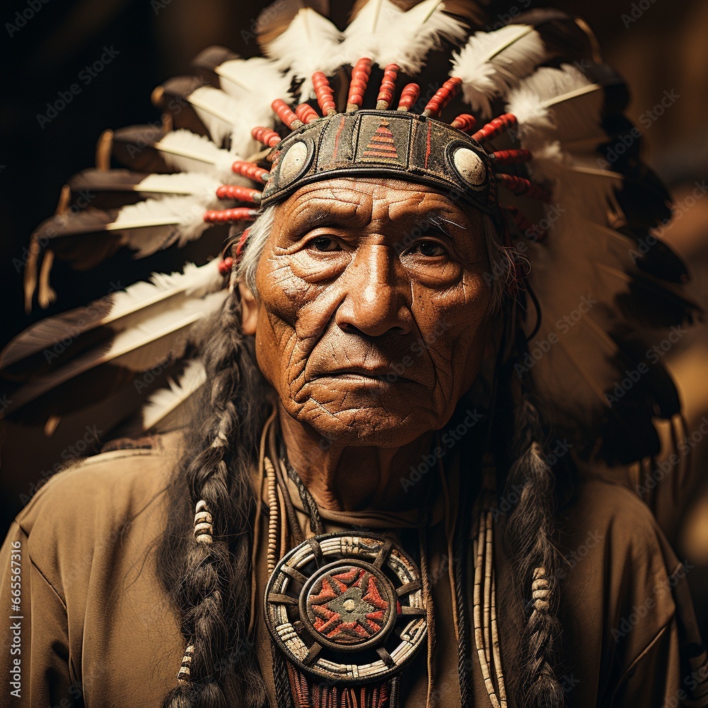Native American Blackfoot chief wearing traditional clothing and and feathers