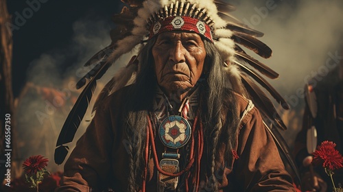 Native American Blackfoot chief wearing traditional clothing and and feathers photo