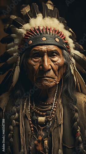 Native American Blackfoot chief wearing traditional clothing and and feathers