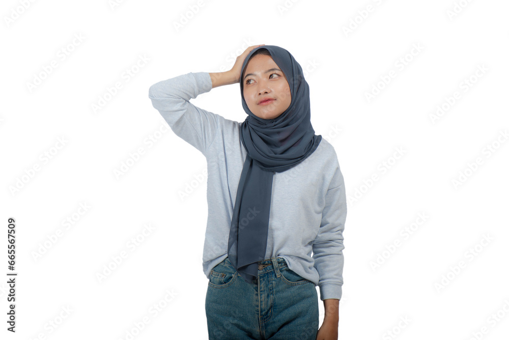 Young Asian Hijab Woman with hand touching head Isolated Young Asian Hijab Woman with hand touching head Isolated