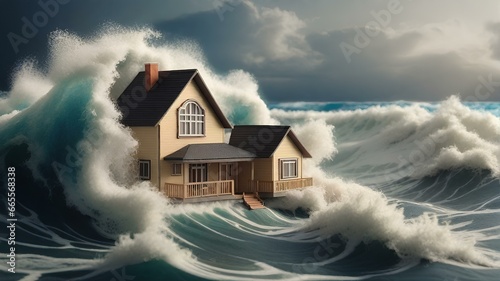 巨大な津波。パーフェクトストーム。 大波。住宅のミニチュア模型｜Huge tsunami. Perfect storm. Big waves. miniature house model. Generative AI photo
