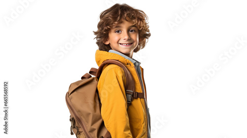 Cute school boy with backpack, isolated on transparent background, Back to school concept