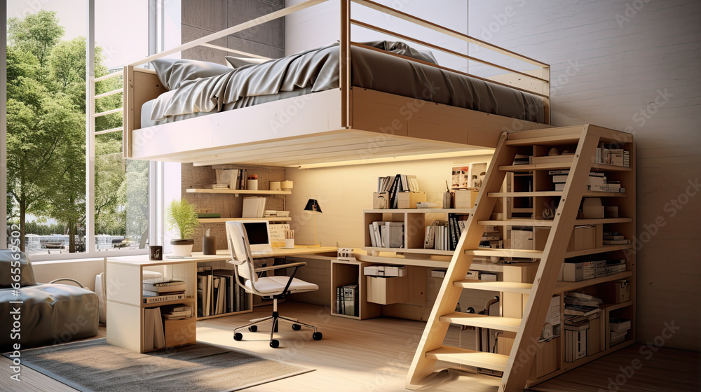 Space-saving elevated loft bed design, complete with a functional ...