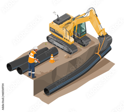 underground water pipe construction isometric public Waterworks installation concept engineer working at site with yellow backhoe islolated vector