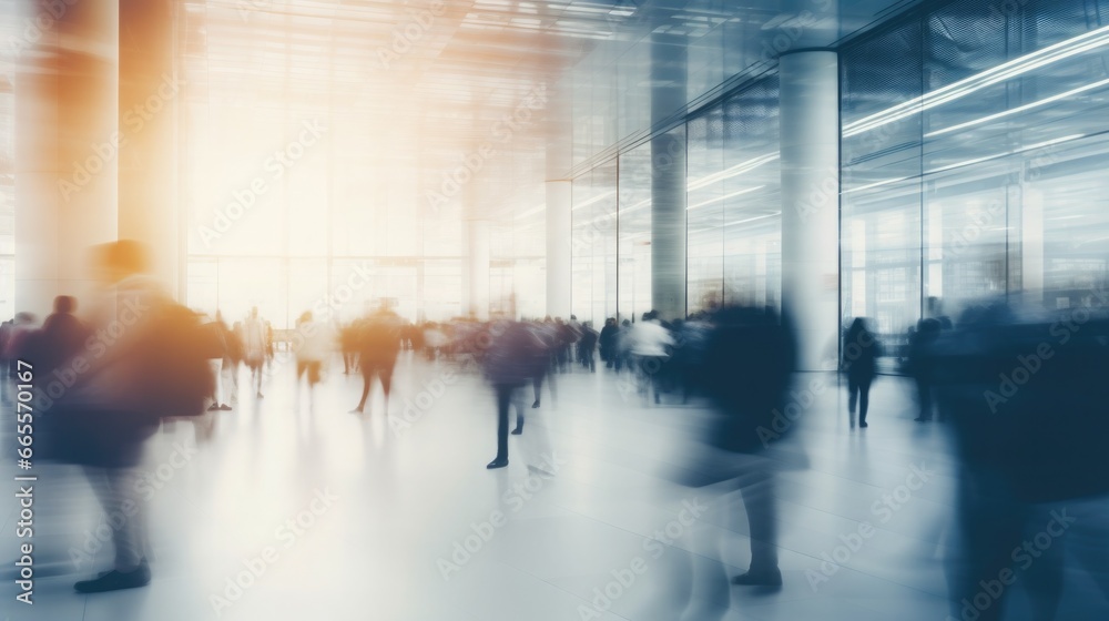 blurred bussines people walking at a trade fair comerce, background with copyspace