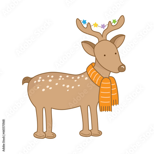 Deer with scarf and holiday decorations on horns. Christmas vector illustration. Cute and funny animal for children new year print or greeting card. Hand drawn doodle style.