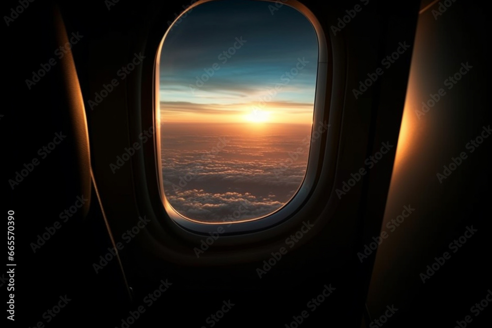 A view from the window of an airplane. Flying over the ground, view over an abyss, flying . Beautiful scenic view of sunset through aircraft window. Image save-path for window airplane.
