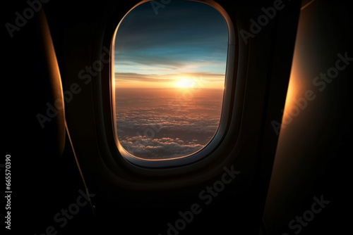 A view from the window of an airplane. Flying over the ground  view over an abyss  flying . Beautiful scenic view of sunset through aircraft window. Image save-path for window airplane.