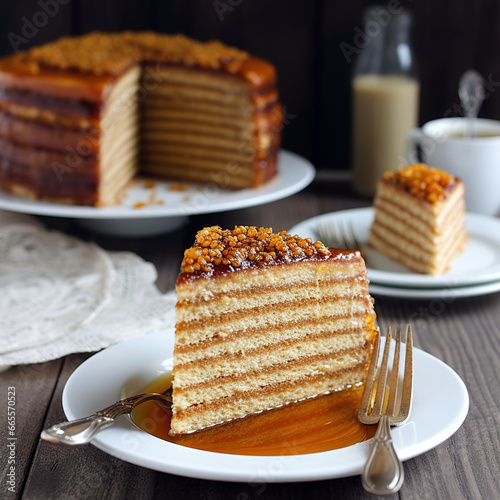 Layered Russian Honey Cake with Caramelized Nuts, generative ai