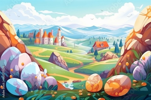 Eggs in picturesque landscapes for Easter hunt. Ideal for children's books, fairy tales, and illustrations. Generative AI