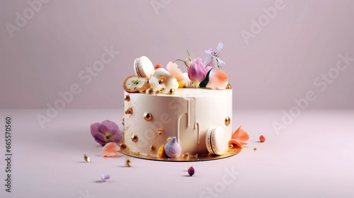Pastel-hued Cake Adorned with Edible Flowers and Macarons, with Copyspace, generative ai