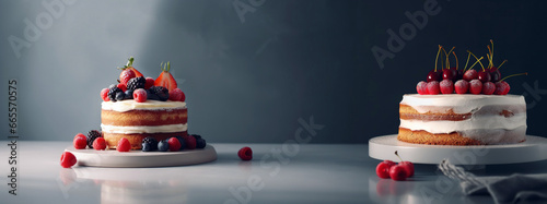 Luscious Berry-Laden Cakes in Moody Ambiance, generative ai