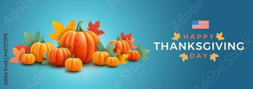 Thanksgiving day banner with pumpkins, fall leaves, USA flag and text Happy Thanksgiving day - blue background - vector illustration