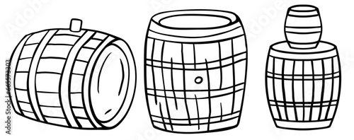 Set of old wooden barrels of wine in outline style on a white background. Old Beer barrel. Vector illustration