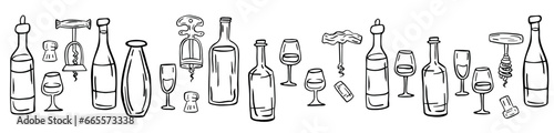 Long banner of set outline wine bottles, glasses, corks on a white background. Vector illustration
