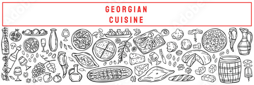Long banner of Georgian cuisine on a white background. Traditional Georgian food: khachapuri, khinkali, wine, kebab, nuts, fruits, bread. Vector illustration