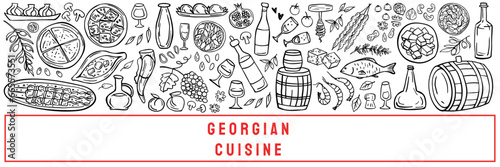 Long banner of Georgian cuisine on a white background. Traditional Georgian food: khachapuri, khinkali, wine, kebab, nuts, fruits, bread. Vector illustration