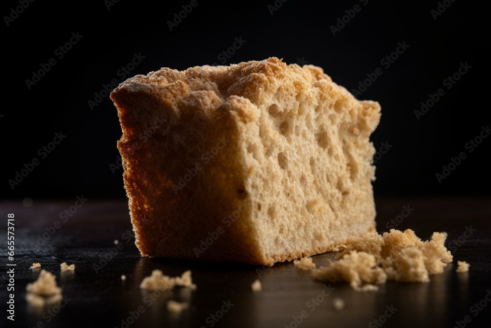 A homemade bread crumb on a dark background. Generative AI