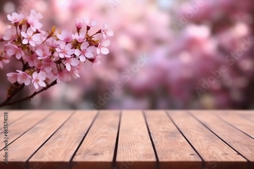 Blank wooden table with blurred pink cherry blossom garden background, great for showcasing or combining your items. Generative AI