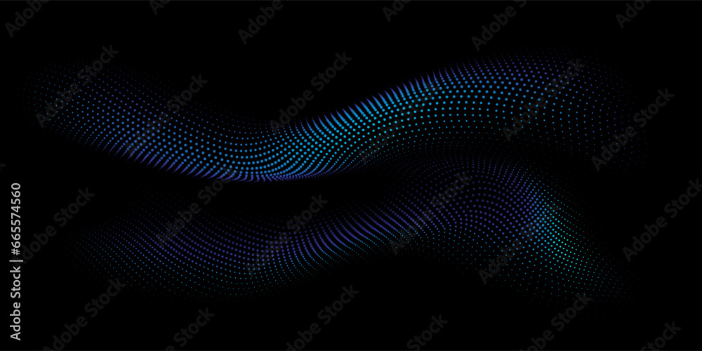 Flowing dots particles wave pattern 3D curve halftone blue and green gradient curve shape isolated on black background. Vector in concept of technology, science, music, modern. Flowing dots particles wave pattern 3D curve halftone blue and green gradient curve shape isolated on black background. Vector in concept of technology, science, music, modern.