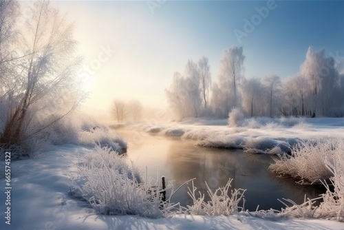 Scenic winter landscape. Generative AI © Vance