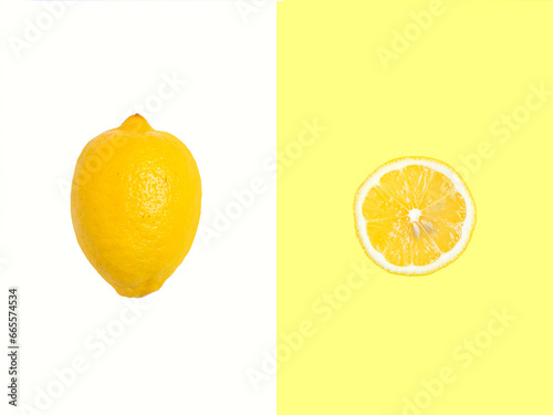 Creative summer layout made of lemon on bright yellow and white background. Fruit minimal concept.
