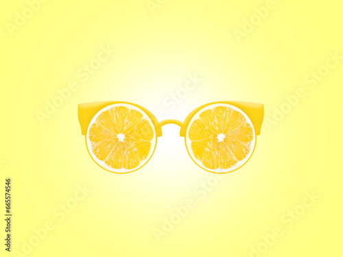 Summer sunglasses made of lemon slices against gradient white and yellow background. Creative summer layout. Fruit minimal concept. Summer accessorize.