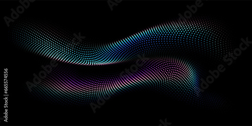 Flowing dot particles wave 3D curve pattern blue and green gradient light isolated on black background. Vector in concept of AI technology, science, music.
