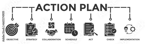 Action plan banner web icon vector illustration concept with icon of objective, strategy, collaboration, schedule, act, launch, check, and implementation