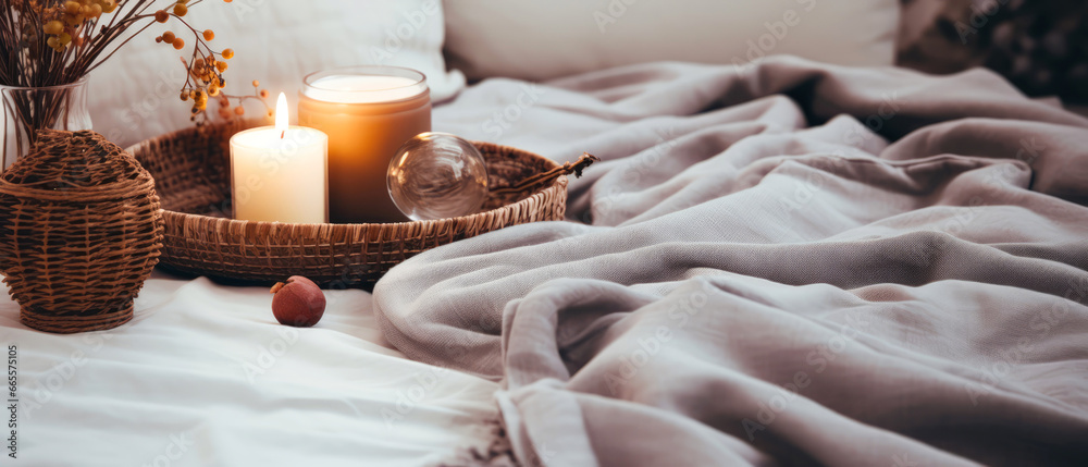 Cozy candle composition on tray on linen bad sheet. Romantic still life with soft lights. Romantic mockup, template. Morning relax,ambience. Hotels bedroom. Generative ai.