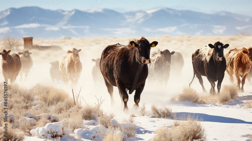 Desert Drifters. Herding Cows Amidst Winter's Frosty Dance. Generative AI