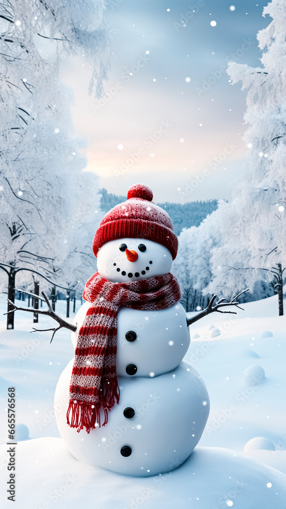 Snowman in winter forest. Christmas and New Year background. Copy space.