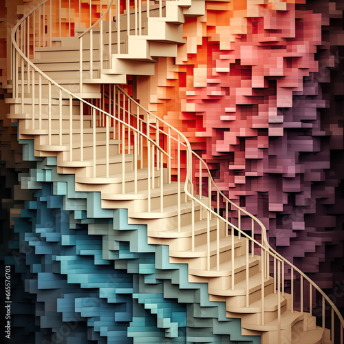 red and blue staircase in futuristic architecture . digital art.