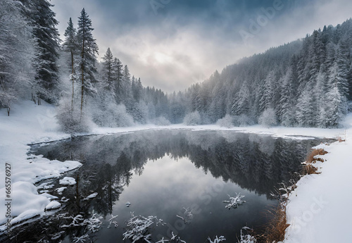 Winter forest in the Carpathians on Lake Vito.