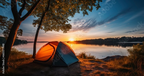 A tent pitched by the lake offers breathtaking views of the sunrise or sunset. Generative AI