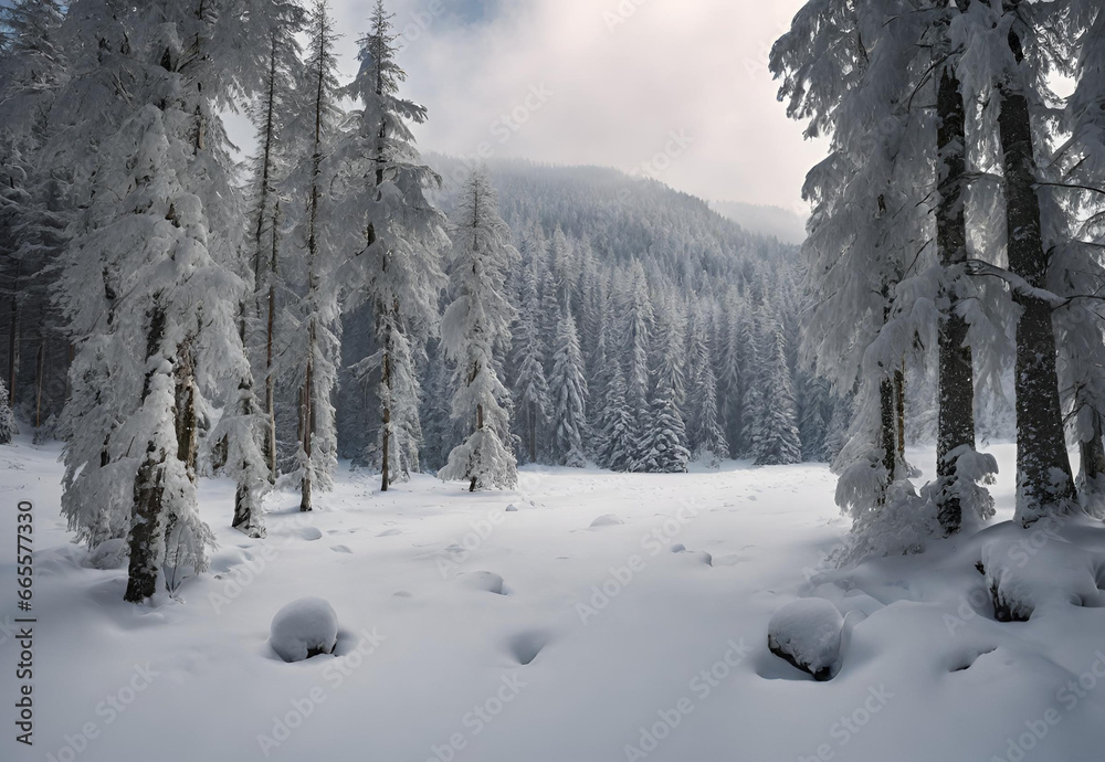 Winter forest in the Carpathians on Lake Vito.