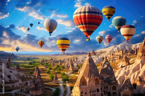 Hot air balloons flying over Cappadocia, Turkey, Hot air balloons flying over spectacular Cappadocia, AI Generated