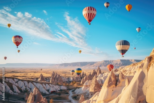 Hot air balloons flying over rock formations in Cappadocia, Turkey, Hot air balloons flying over spectacular Cappadocia, AI Generated