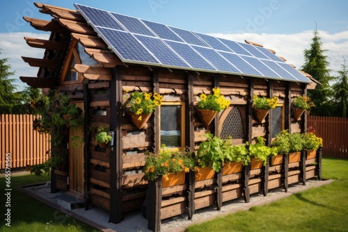 Wooden house with solar panels on roof. Alternative energy source, House fence made of solar panels, AI Generated