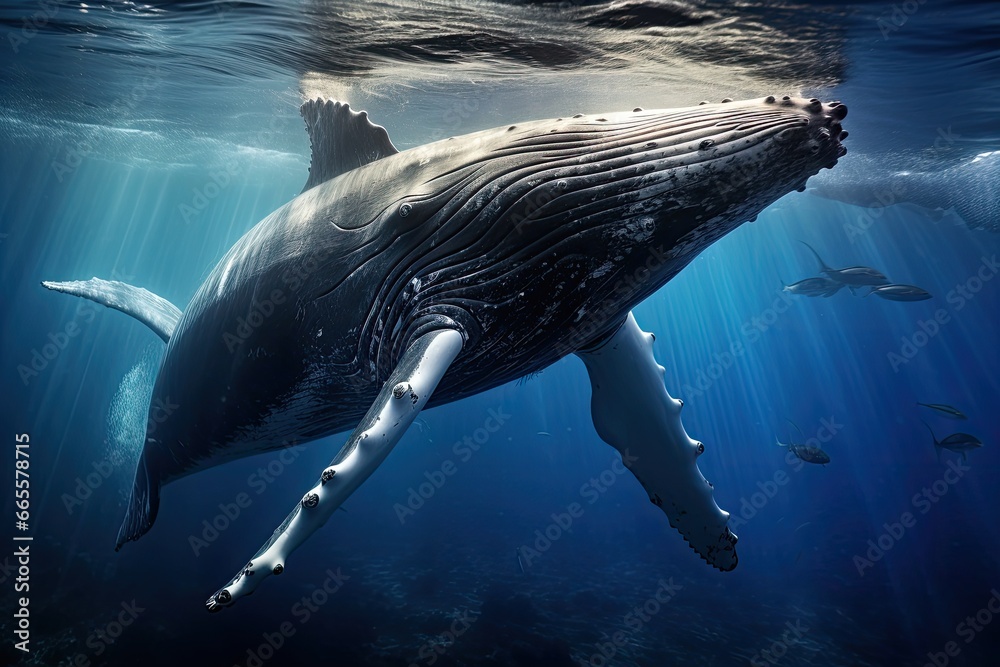 Humpback whale swimming in deep blue ocean. This is a 3d render illustration, Humpback whale underwater in the Caribbean, AI Generated - obrazy, fototapety, plakaty 