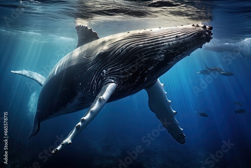 Humpback whale swimming in deep blue ocean. This is a 3d render illustration, Humpback whale underwater in the Caribbean, AI Generated