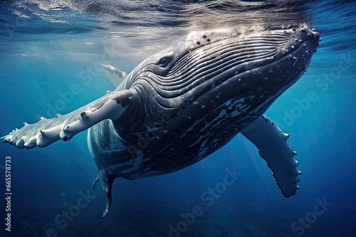 Whale swimming in the deep blue sea. Underwater scene, Humpback whale underwater in the Caribbean, AI Generated photo