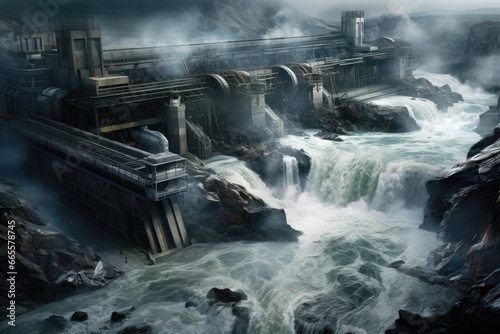 Water flows over a dam in Iceland. Concept of global warming  hydroelectric plant with strong waterfalls falling down  AI Generated