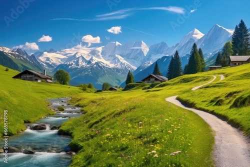 Beautiful spring landscape in the Alps. Switzerland, Europe. Beauty world, Idyllic mountain landscape in the Alps with blooming meadows in springtime, AI Generated photo