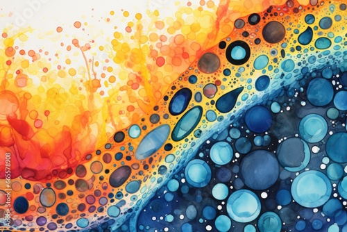 Abstract watercolor painted background. Colorful spots and splashes, illustration of Fusion between Pointillism and Alcohol ink painting, AI Generated